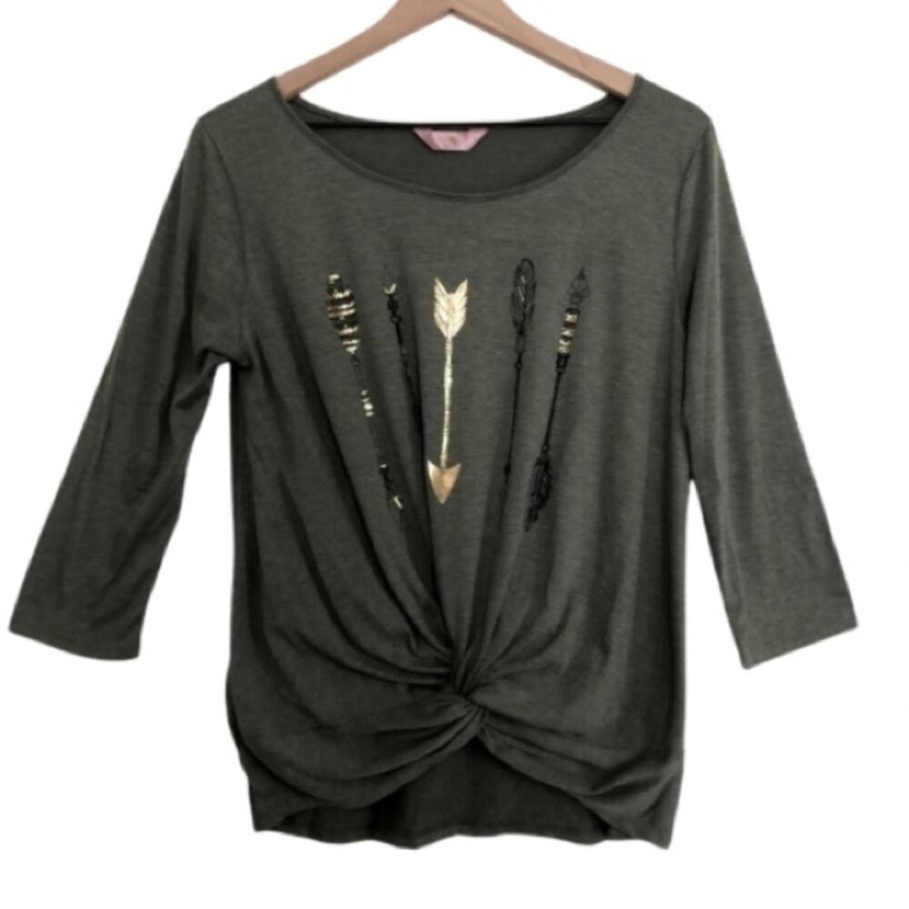 SJS Green Gold Metallic Arrow 3/4 Sleeve Knot Front Casual Tee T-Shirt Top Large